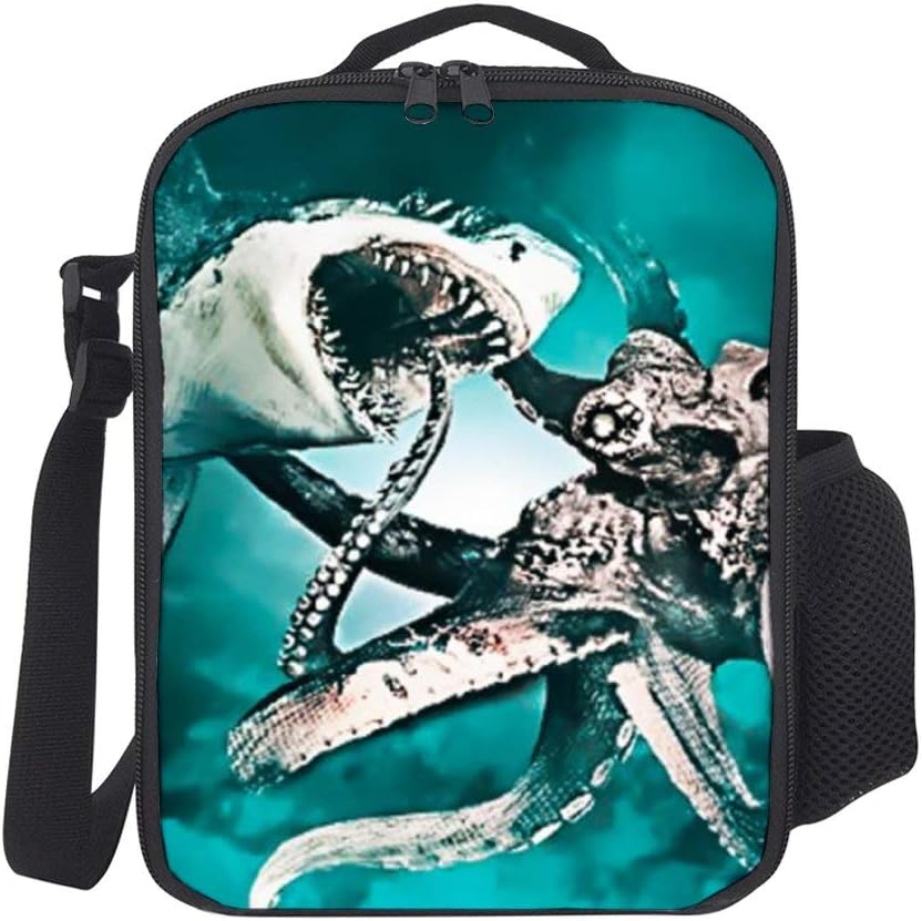 SARA NELL Kids Lunch Box Insulated Mega Shark Vs Giant Octopus Lunch Bag Large Lunch Boxes Cooler Meal Prep Lunch Tote with Shoulder Strap For Boys Girls Teens Women Adults