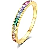 Hius 925 Sterling Silver Rainbow Ring for Women, 18K Gold Plated Eternity Bands with Colorful Cubic Zirconia, Multi-Gemstone Rings