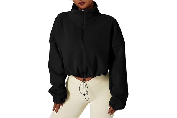 QINSEN Women's Full Zip Fleece Short Jacket Warm Winter Long Sleeve Stand Collar Sherpa Crop Coat
