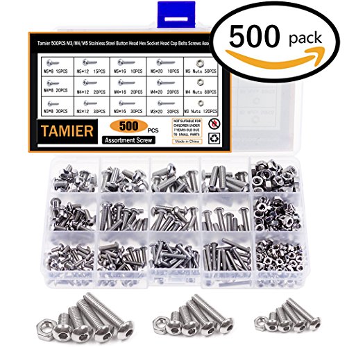 Tamier 500PCS M3/M4/M5 Stainless Steel Button Head Screw Hex Socket Head Cap Nuts and Bolts Assortment Kit