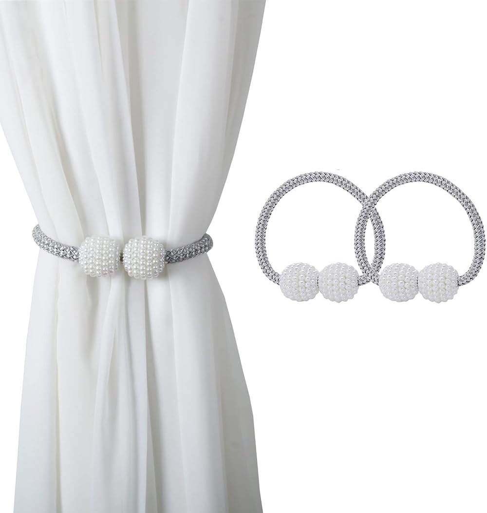 jiuhao Magnetic Curtain Tie Backs 2-Pack Silver Rope Holders with Buckles