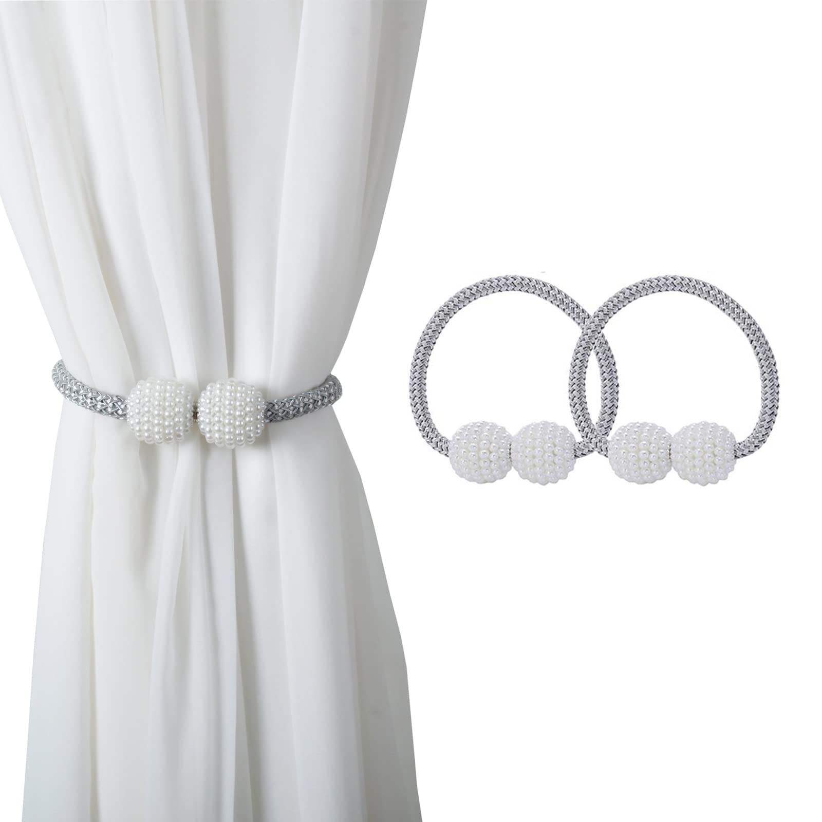 Magnetic Curtain Tie Backs & Clips - Rope Holders with Buckles for Home, Office & Hotel Windows (2-Pack, Silver)