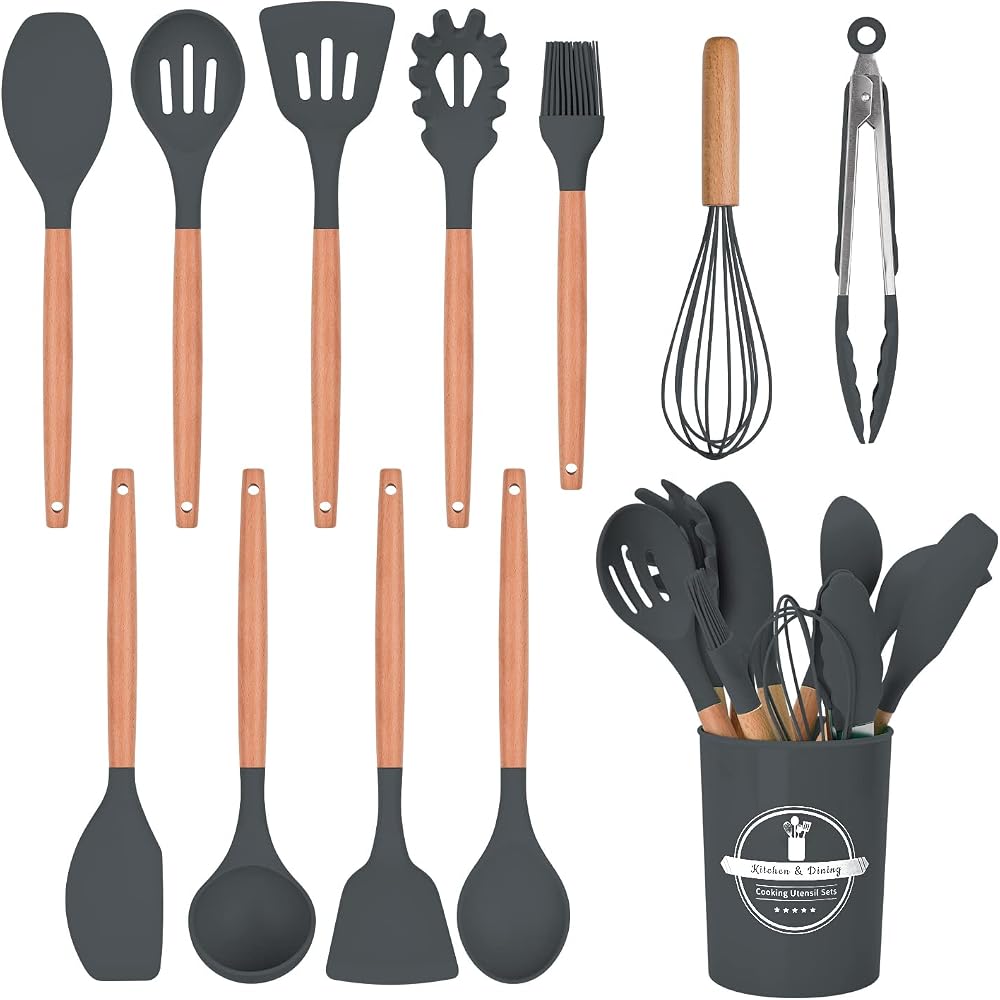 FIOUSY 12PCS Silicone Kitchen Utensil Set Heat Resistant Wooden Handle Nonstick