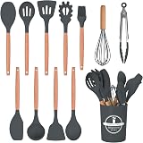 FIOUSY 12PCS Silicone Kitchen Utensil Set Heat Resistant Wooden Handle Nonstick