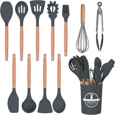FIOUSY 12PCS Silicone Kitchen Utensil Set Heat Resistant Wooden Handle Nonstick
