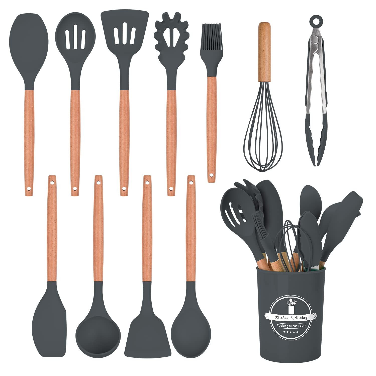 FIOUSY Kitchen Utensil Set, 12 PCS Silicone Cooking Utensils Set with Wooden Handle, Heat Resistant, Nonstick Cookware Tongs Spatula Spoon Set, Dishwasher Safe, Best Kitchen Tools (Grey)