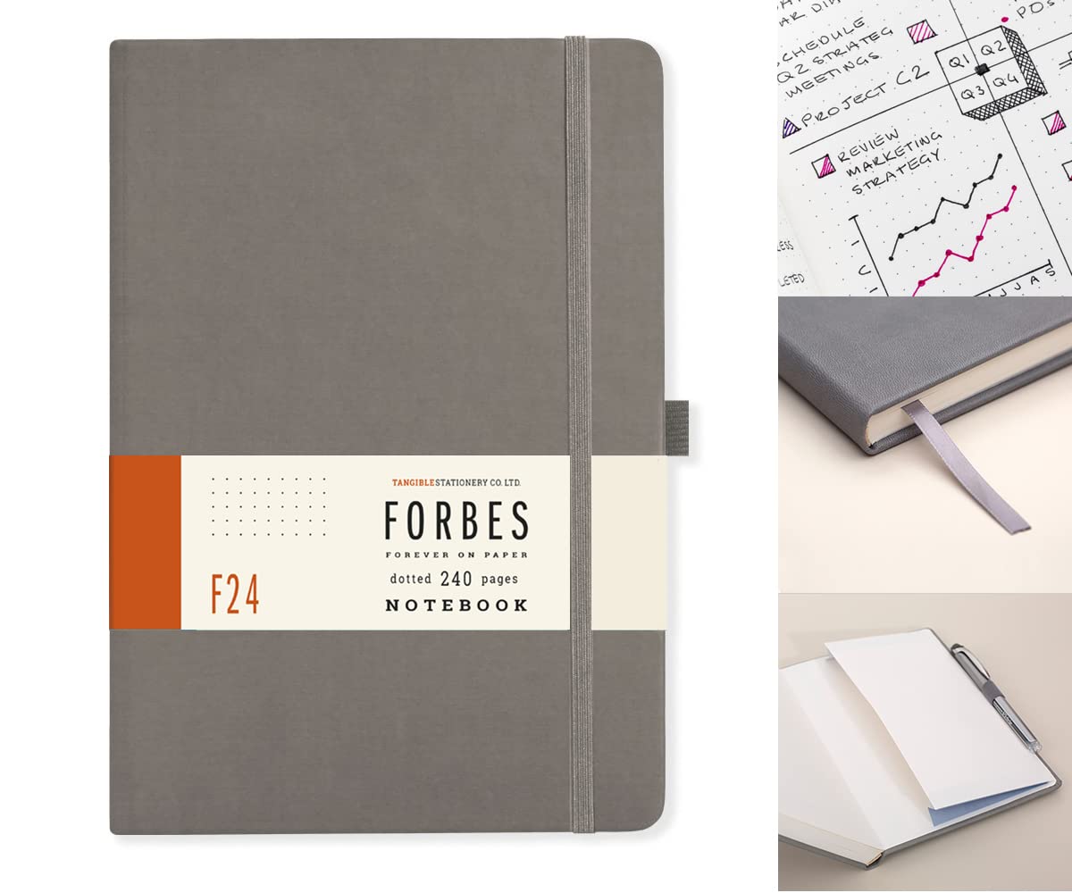 Tangible Stationery Co. Ltd - FORBES Classic A5 Dot Journal - 240 Pages - 80gsm Ivory Paper - Elastic Closure - Document Storage Pocket - Grey