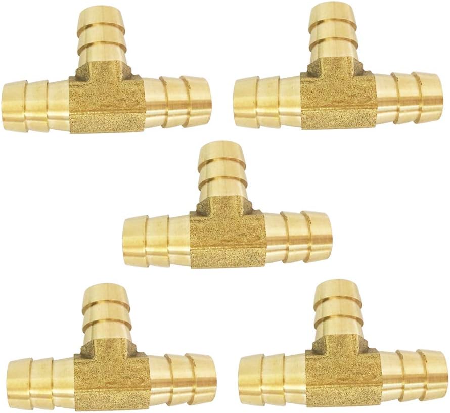 Brass Hose Barb Fitting, 1/2" x 1/2" x 1/2" Barbed Tee, Hose T-fitting 3 Way Connector Fuel/Air/Gas/Water 5pcs