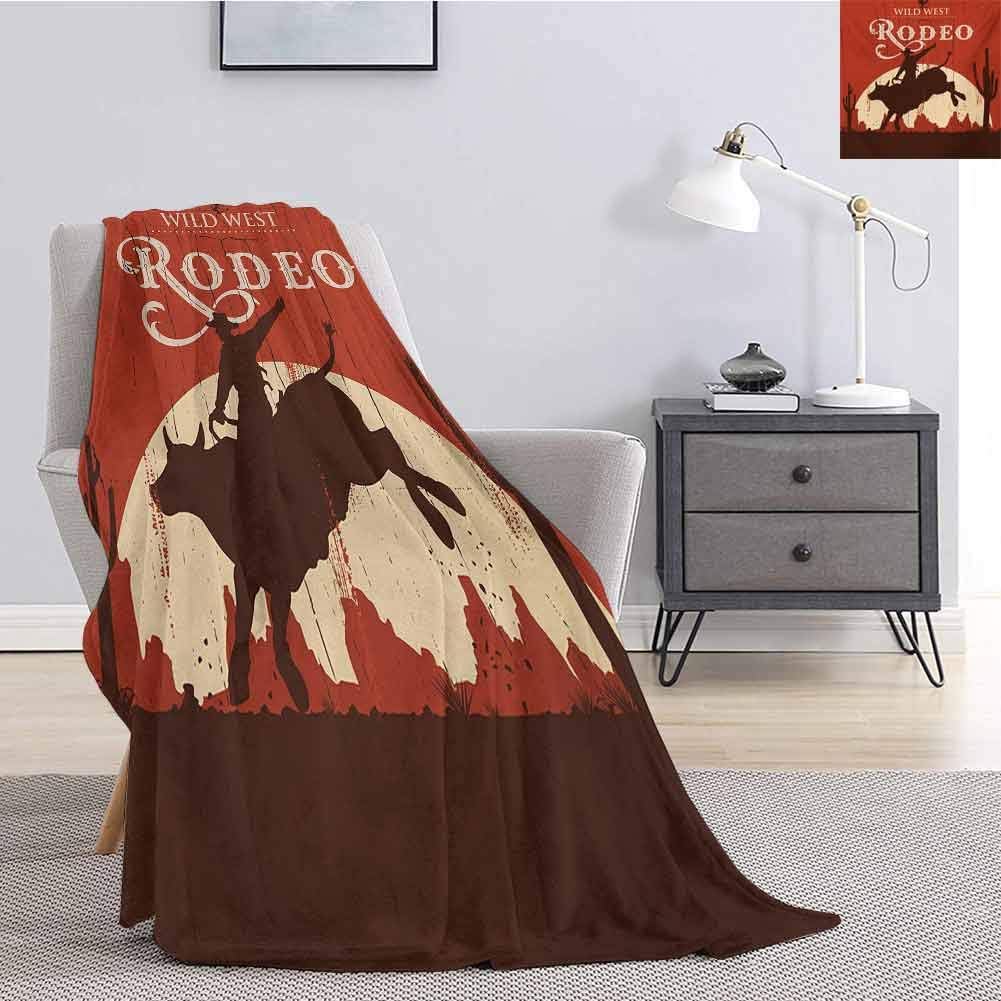 Luoiaax Vintage Bedding Flannel Blanket Rodeo Cowboy Riding Bull Wooden Old Sign Western Wilderness at Sunset Image Super Soft and Comfortable Luxury Bed Blanket W60 x L70 Inch Redwood Orange