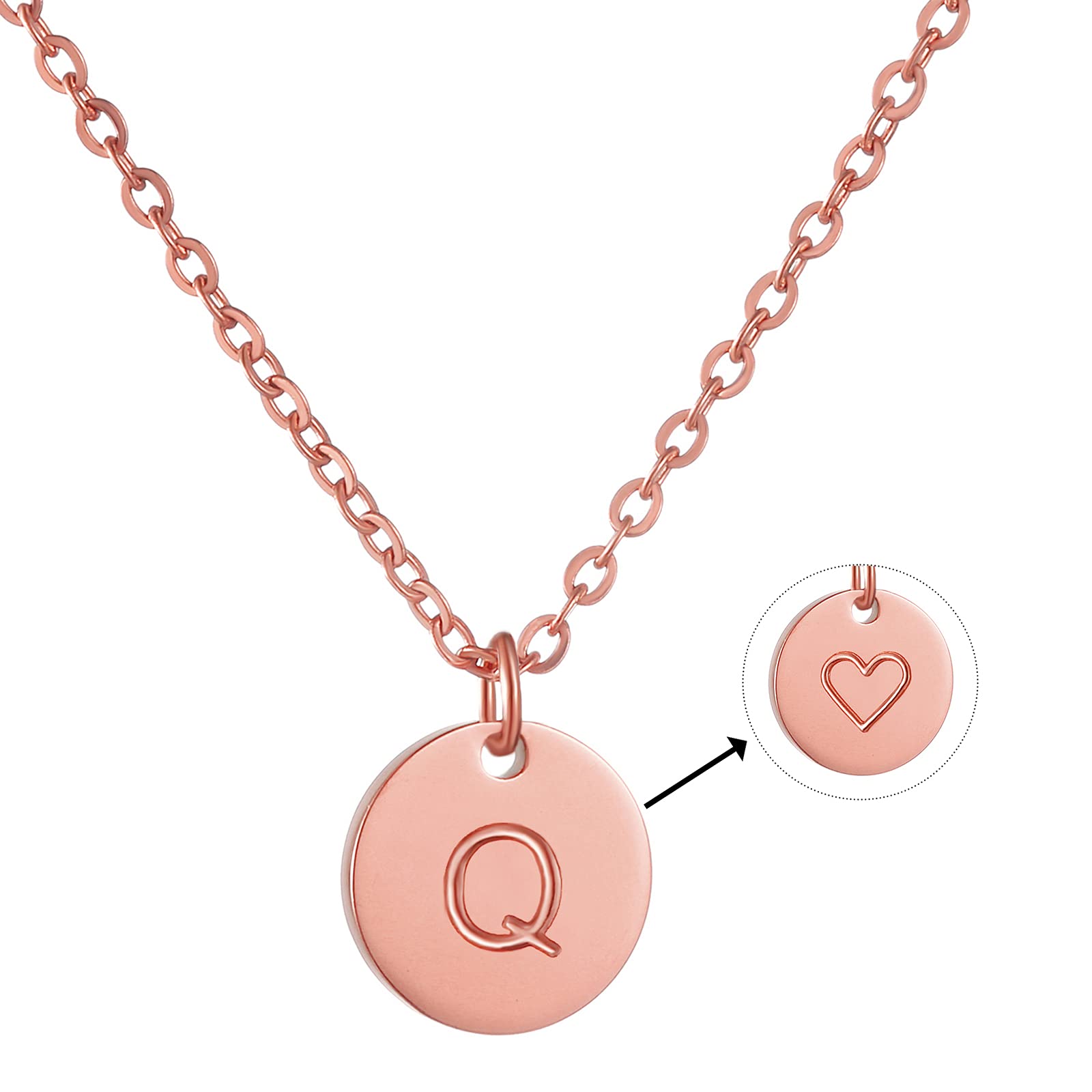 AFSTALR Initial Letter Necklace for Women Round Pendant with Q Heart Necklace Personalized Birthday Jewellery Gifts RoseGold