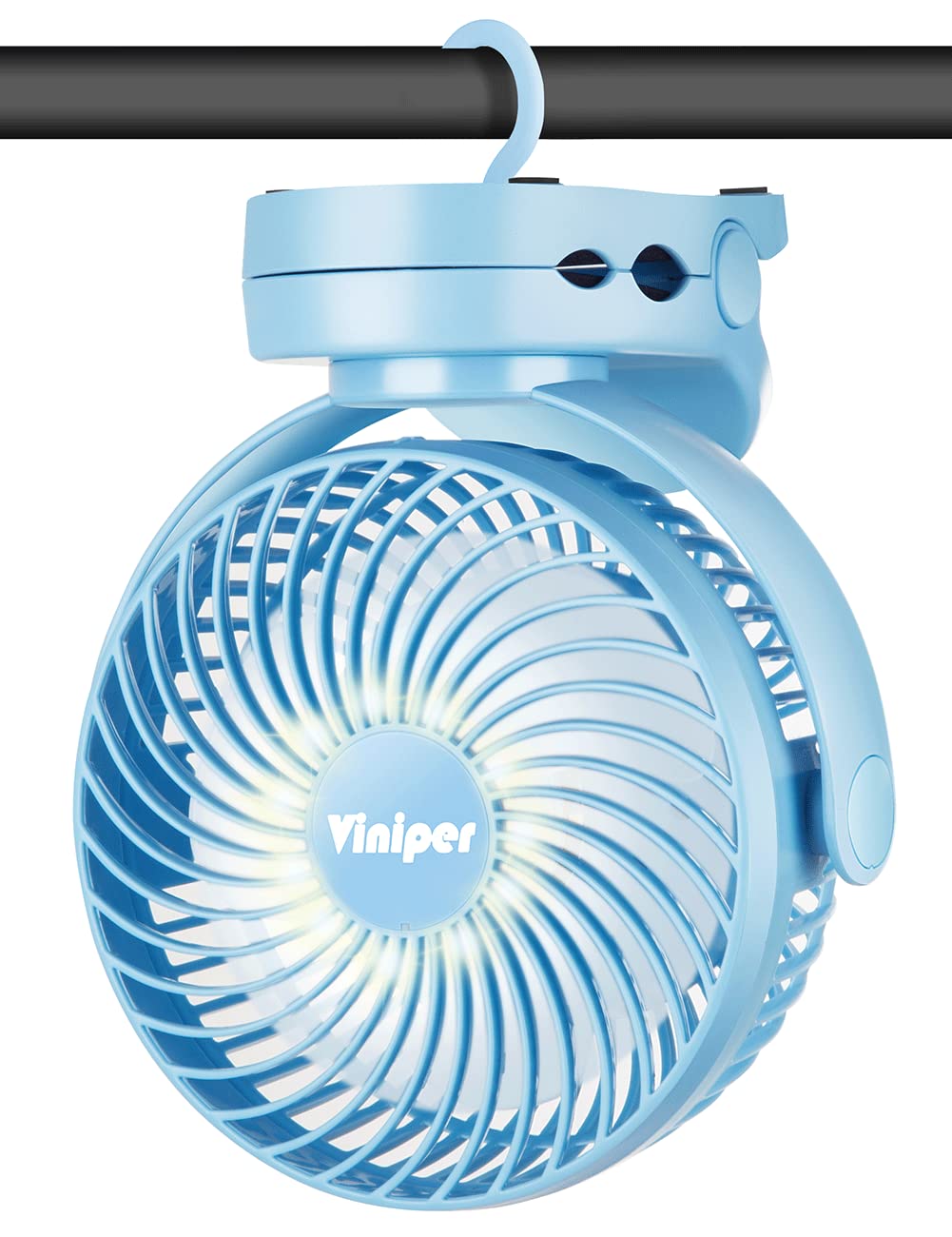6 inch Rechargeable Clip Fan with LED Light, 10000mah Battery Camping Hanging Fan : 360° Rotation, 3 Speeds, Tent Personal Fan with Hanging Hook - Light Blue