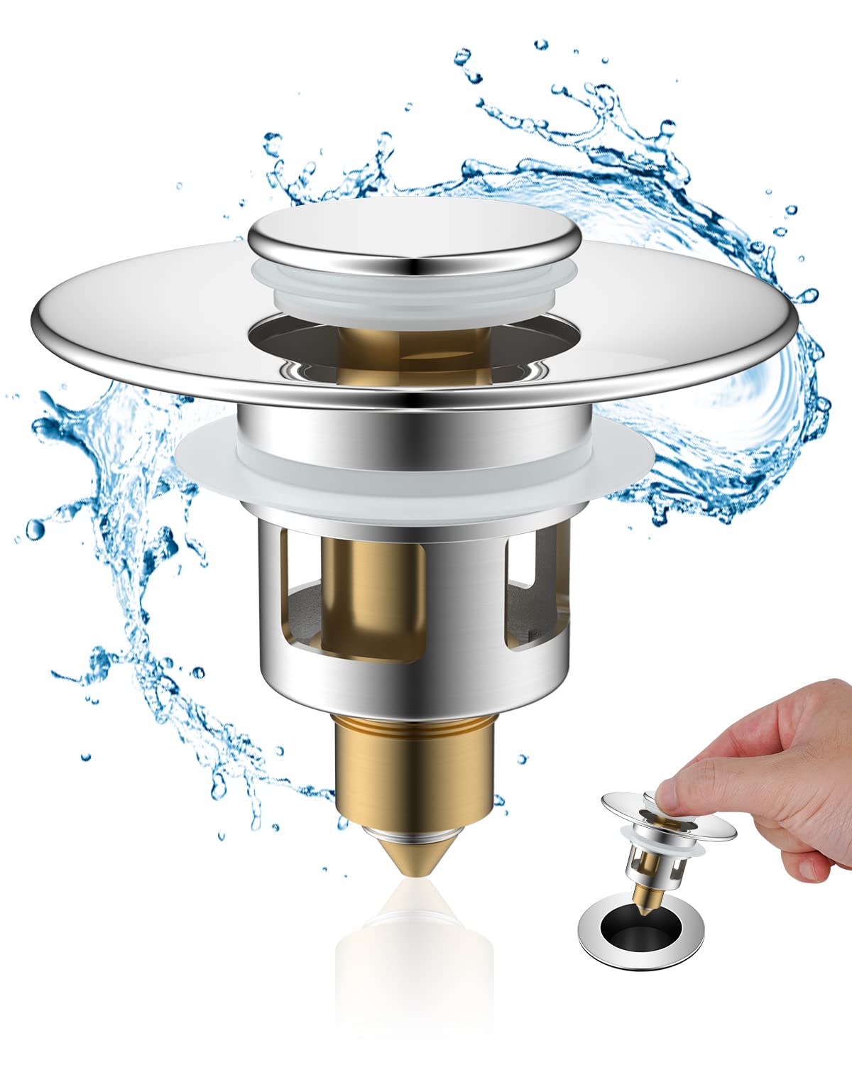 Hibbent Sink Plug Suitable for 30mm to 60mm, Pop up Sink Plugs with Drain Strainer, Brass Bounce Core Push-Type Drain Plug, Universal Sink Stopper Replacement for Bathroom and Kitchen,Chrome