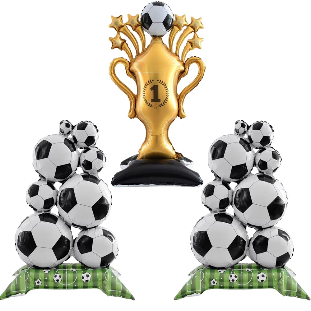 3 Pcs Giant Self-Standing Football Balloons Set, 59 Inch Large Gold Soccer Champion Balloon with 2 38.6Inch Stacked Balls s for Boys Football Field Themed Party Sports Match Day Party Decoration