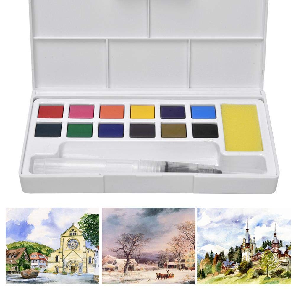 Kids Watercolour Paint Set Portable Lightweight Travel Solid Watercolour Paint Set Watercolour Paint Box with Brush for Adults Beginners Children Students(12 Colors)
