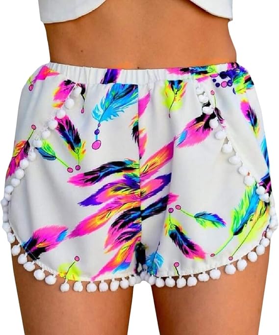 H&E Womens Elastic Waist Printed Tassel Beach Loose Stretch Shorts L
