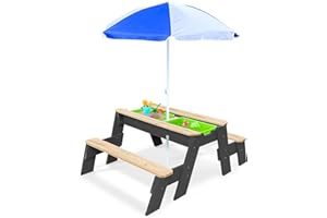 K LUCKIDS Kids 3-in-1 Sand & Water Activity Table, Wood Outdoor Convertible Picnic Table, 2 Play Boxes, Removable Top, Picnic Table for Outdoor Backyard Patio Play (Black)