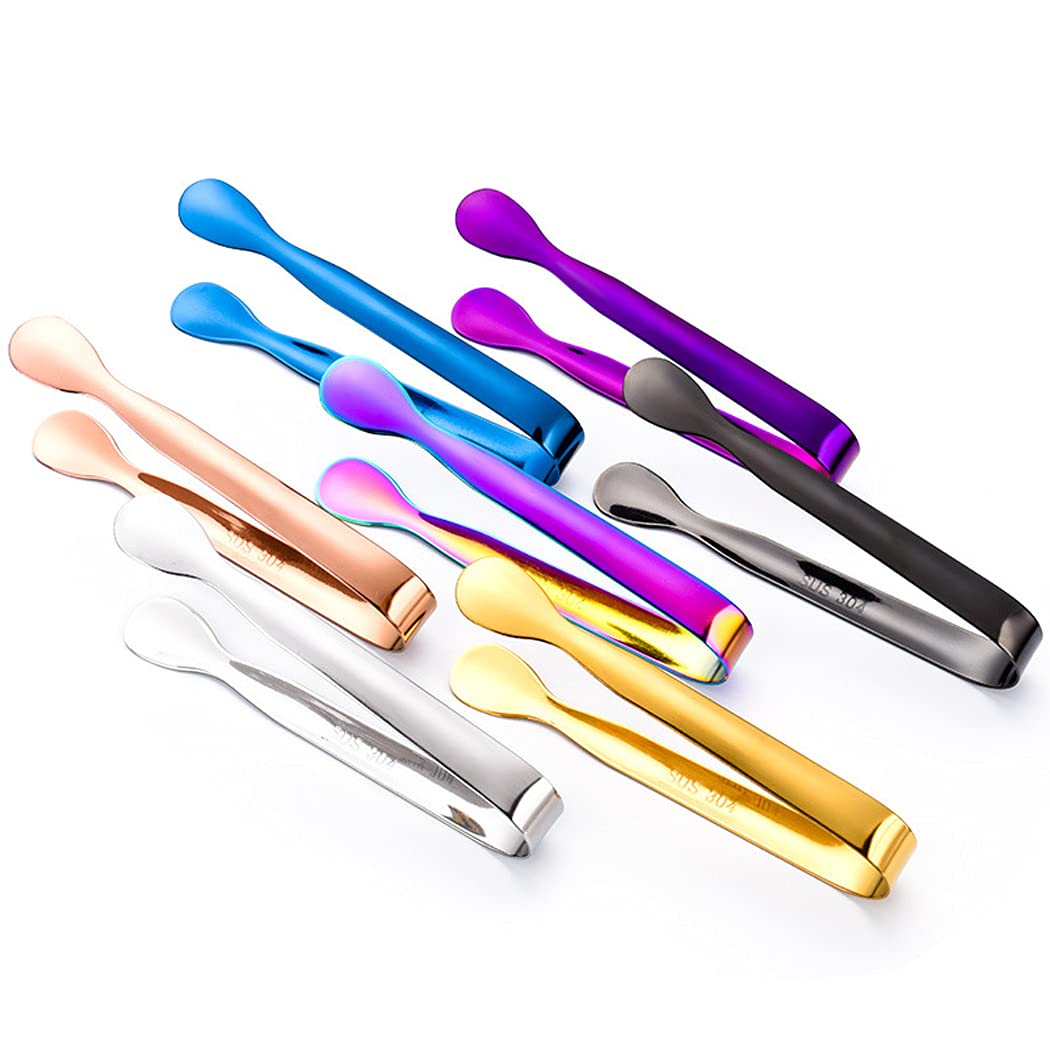 Abcsea 7 Pieces Colored Stainless Steel Mini Serving Tongs, Ice Tongs for Bar, Sugar Tongs Small, Appetizers Tongs, Small Tongs for Tea Party Coffee Bar Kitchen