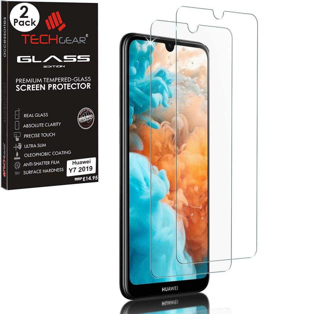 TECHGEAR [2 Pack GLASS Edition Screen Protector Compatible with Huawei Y7 2019, Tempered Glass Screen Protector Cover [2.5D Round Edge] [9H Hardness] [Crystal Clarity] [Scratch-Resistant] [No-Bubble]