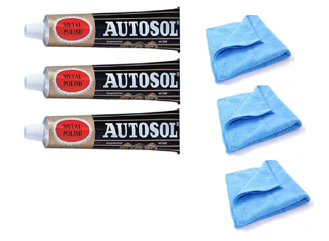 3 x 75ml Tube Solvol Autosol And 3 Microfibre Cloths - Chrome Ali & Metal Polish