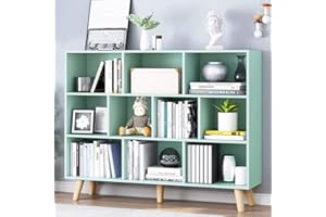 IOTXY Wooden Open Shelf Bookcase - 3-Tier Floor Standing Display Cabinet Rack with Legs, 10 Cubes Bookshelf, Tiffany-Green