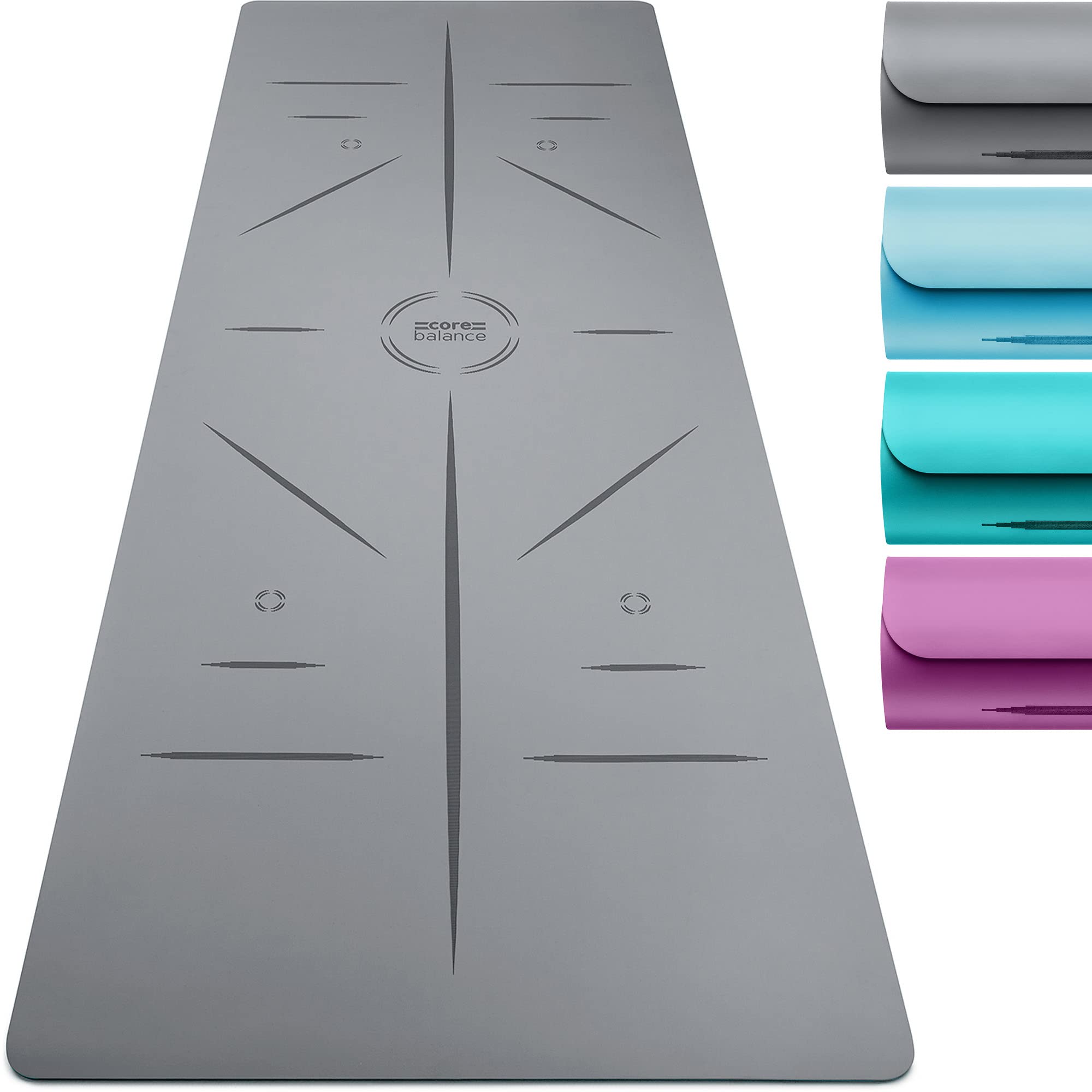 Core Balance Rubber Yoga Mat with Asana Alignment Lines Extra Wide Non Slip with Roll Strap (Grey)