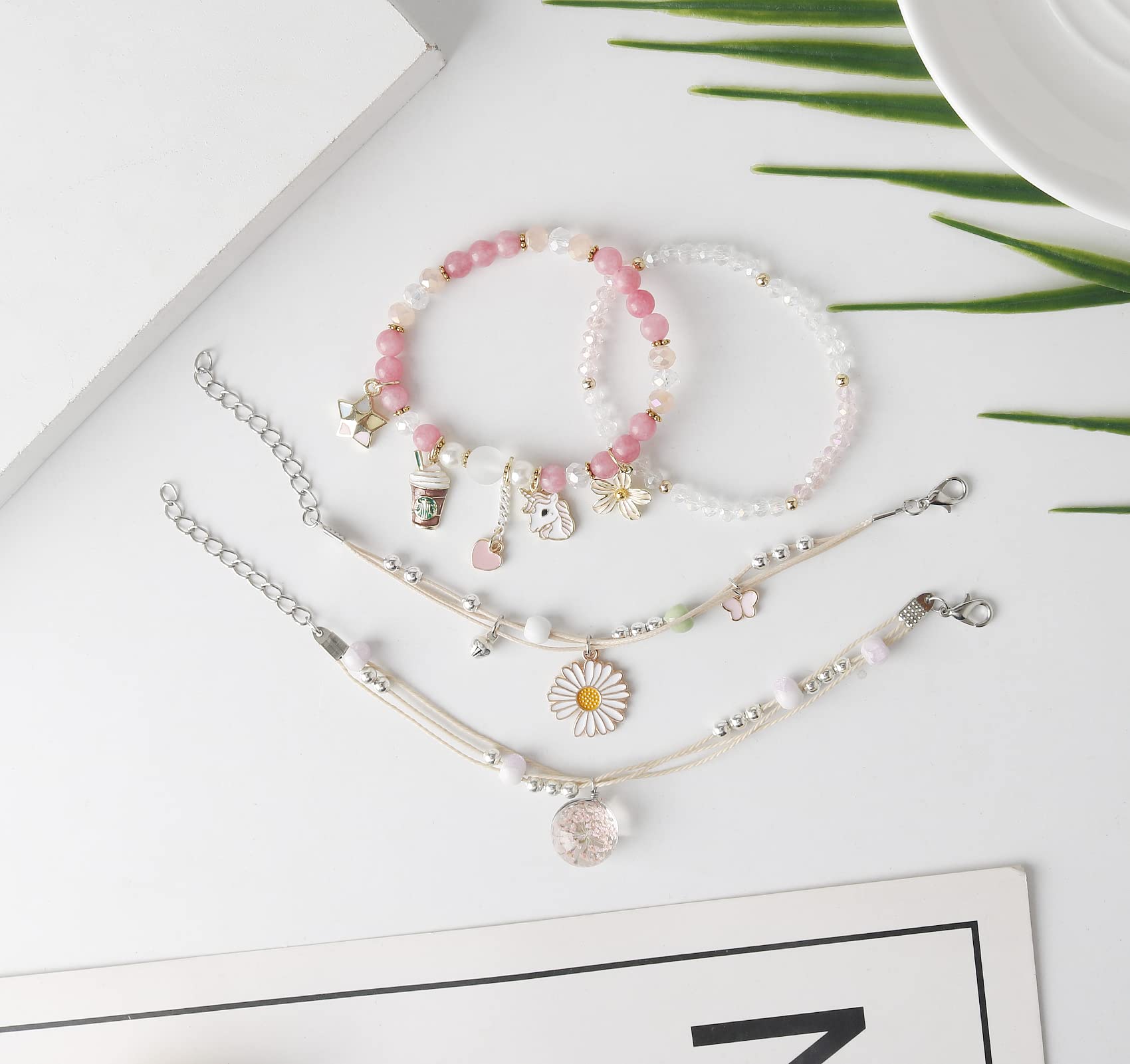 DS 4PCS Beaded Charm Bracelets for Teen Girls Dainty cute cartoon Crystal Beads Pearl Bracelets anklets set for woman and girls Adjustable Stretch bracelet birthday Gift For Friends
