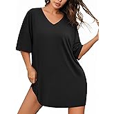 Ekouaer Plus Size Nightgowns for Women Oversized Sleep Shirt Short Sleeve Nightshirt T-Shirt Dress Sleepwear S-4XL