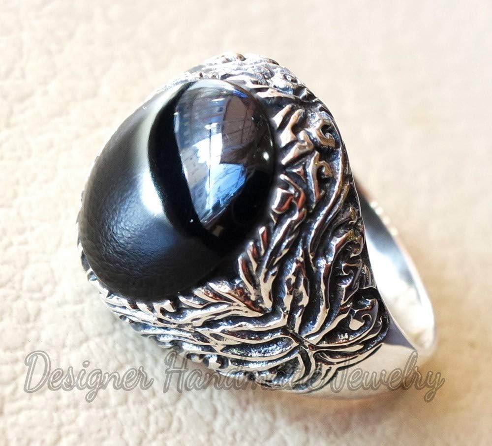 Man ring aqeeq natural black onyx oval stone black gem heavy sterling silver antique ottoman turkey style all sizes men gift handmade ring