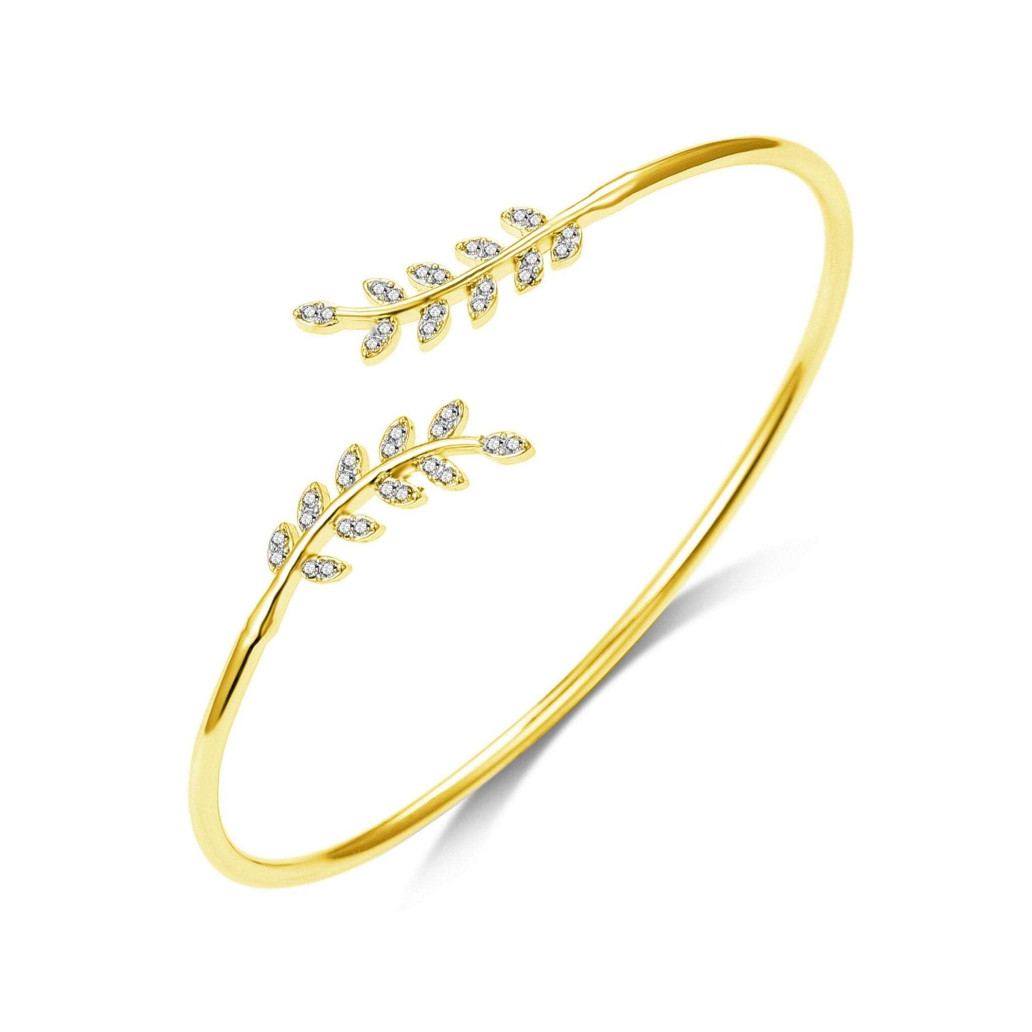 Philip Jones 18k Gold Plated Leaf Bangle Created with Zircondia® Crystals