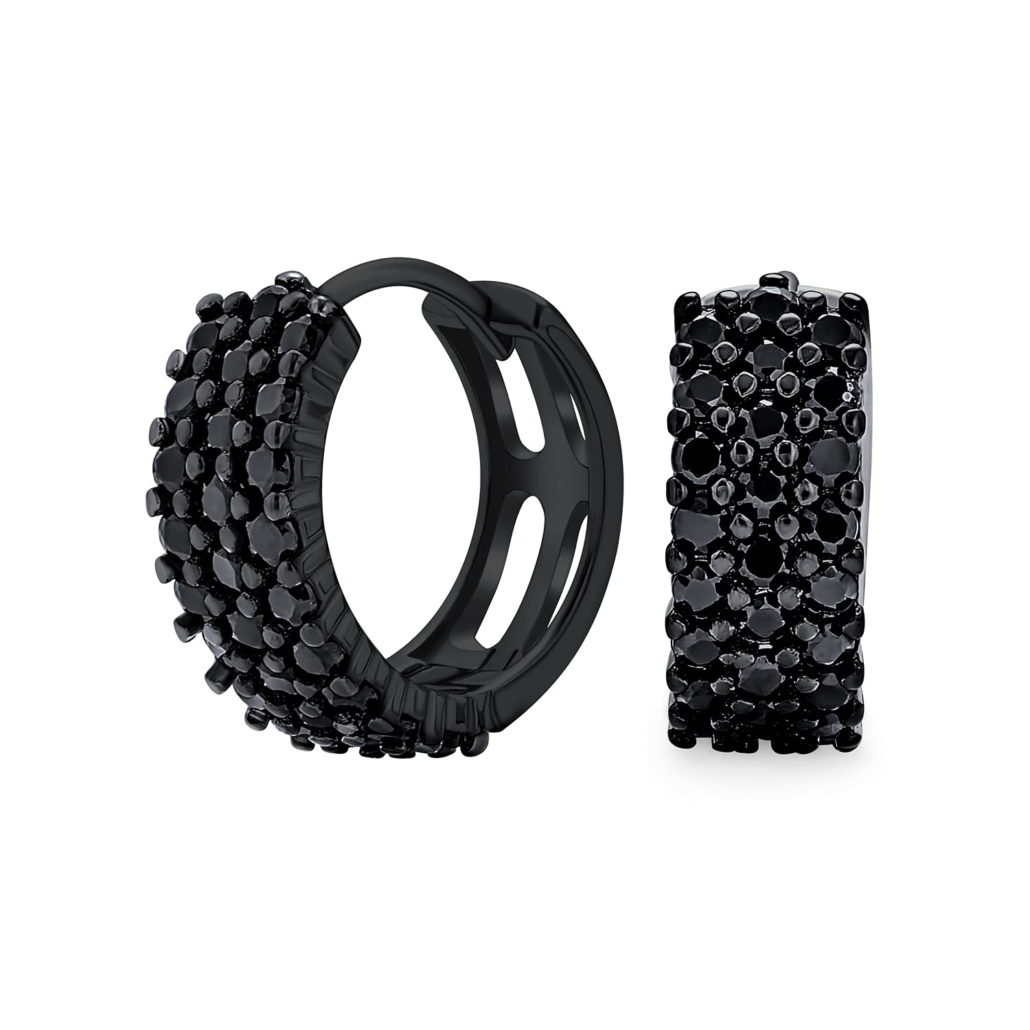Unisex Black Pave CZ Small Wide Huggie Hoop Kpop Earrings For Women For Men Cubic Zirconia IP Black .925 Sterling Silver .50 In Diameter