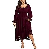 SCOMCHIC Womens Plus Size Maxi Dress Long Sleeve Square Neck Smocked Wedding Guest Flowy A-Line Hollow Out Long Dresses