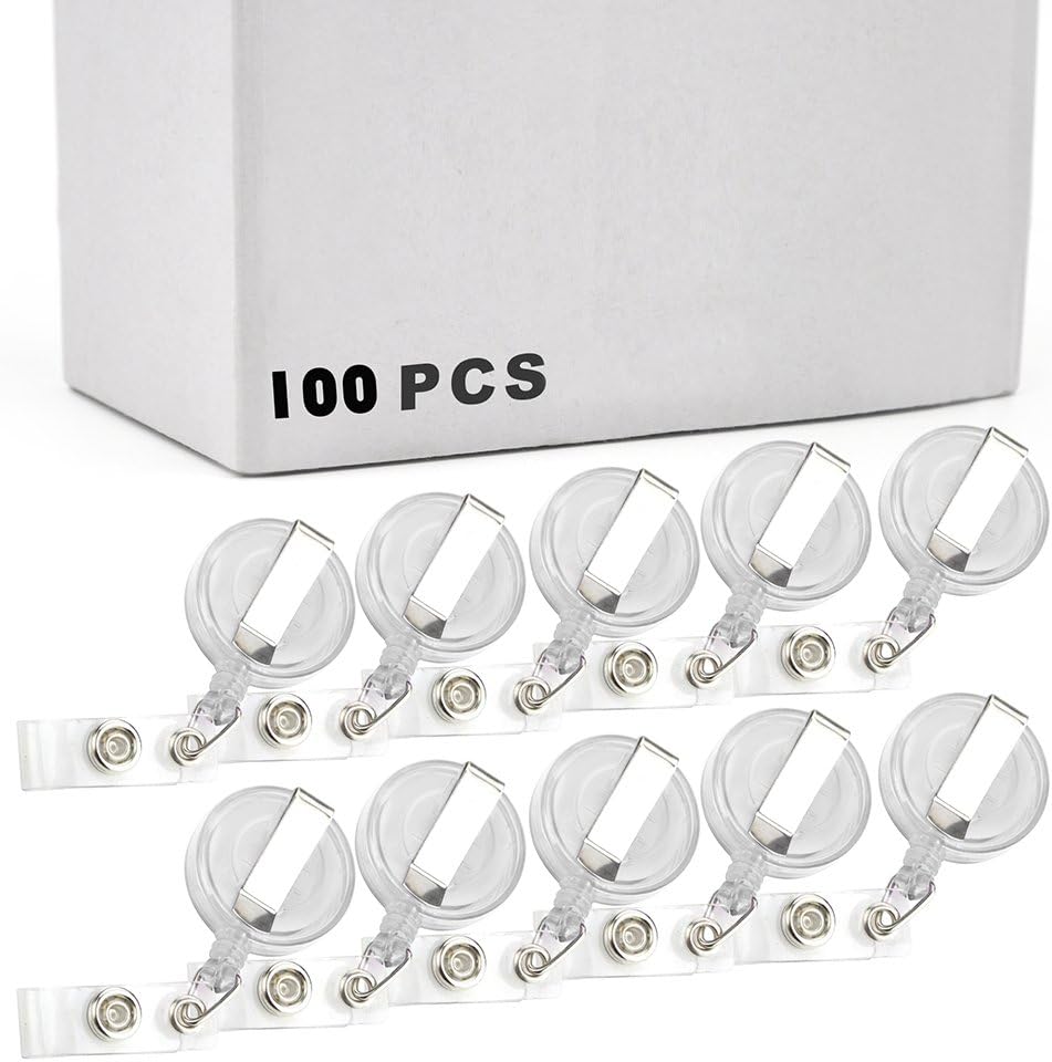 Officeship 100 PCS Clear White Retractable Badge Holder, Retracting Card Reel Bulk Sale