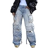 Cargo Jeans for Women Y2K High Waisted Baggy Jeans Straight Wide Leg Cargo Pants Streetwear