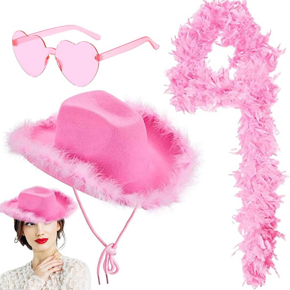 Cowboy Hat Women, Feather Boas Set Western Cowgirl Hat with Feather Boa and Sunglasses Dancing Party Props Feather Boa Cowgirl Hat for Women Decoration Accessories Supplies for Rave Party, Cosplay