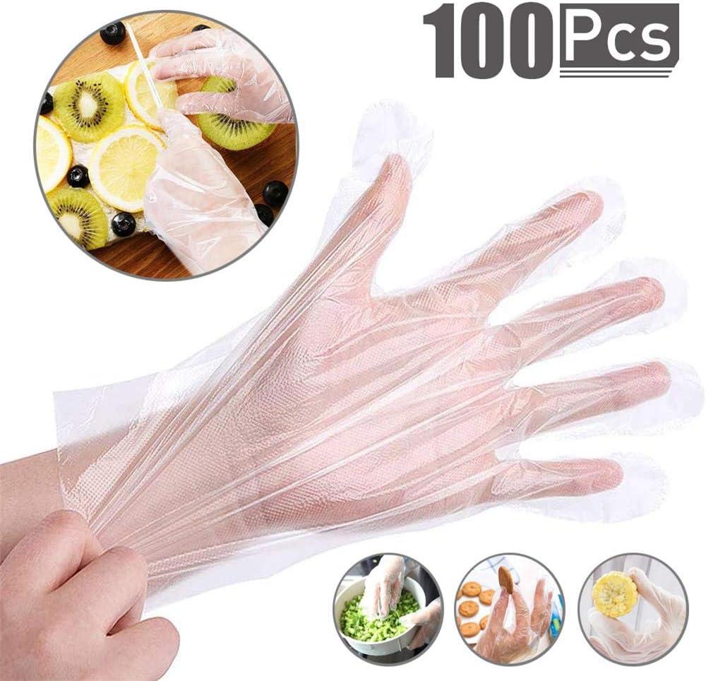 Flyglobal 100pack Plastic Glove Disposable Waterproof Gloves Clear Protective Hand Glove for Cooking Cleaning Food Preparation Hair Dye Gloves (Large)