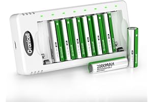 Granicell Rechargeable AA Batteries with Charger, 8 Pack 2800mAh High Capacity Ni-MH Double A Batteries with Smart 8 Bay Smart Battery Charger, USB Fast Charging