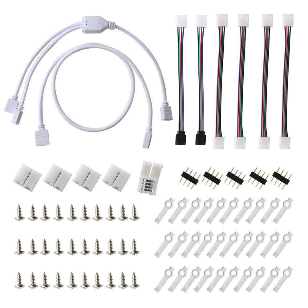 RUNCCI-YUN 5050 4 Pin LED Light Strip Connector Kit 2 WayRGB Splitter Cable,10mm Strip Jumper Connectors, RGB Extension Cable, LED Light Strip Clips, Gapless Connectors