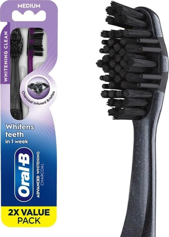 Oral-B 3D White Charcoal Manual Toothbrush, 2-Pack, Medium Bristles, Teeth Whitening Brushes for Adults