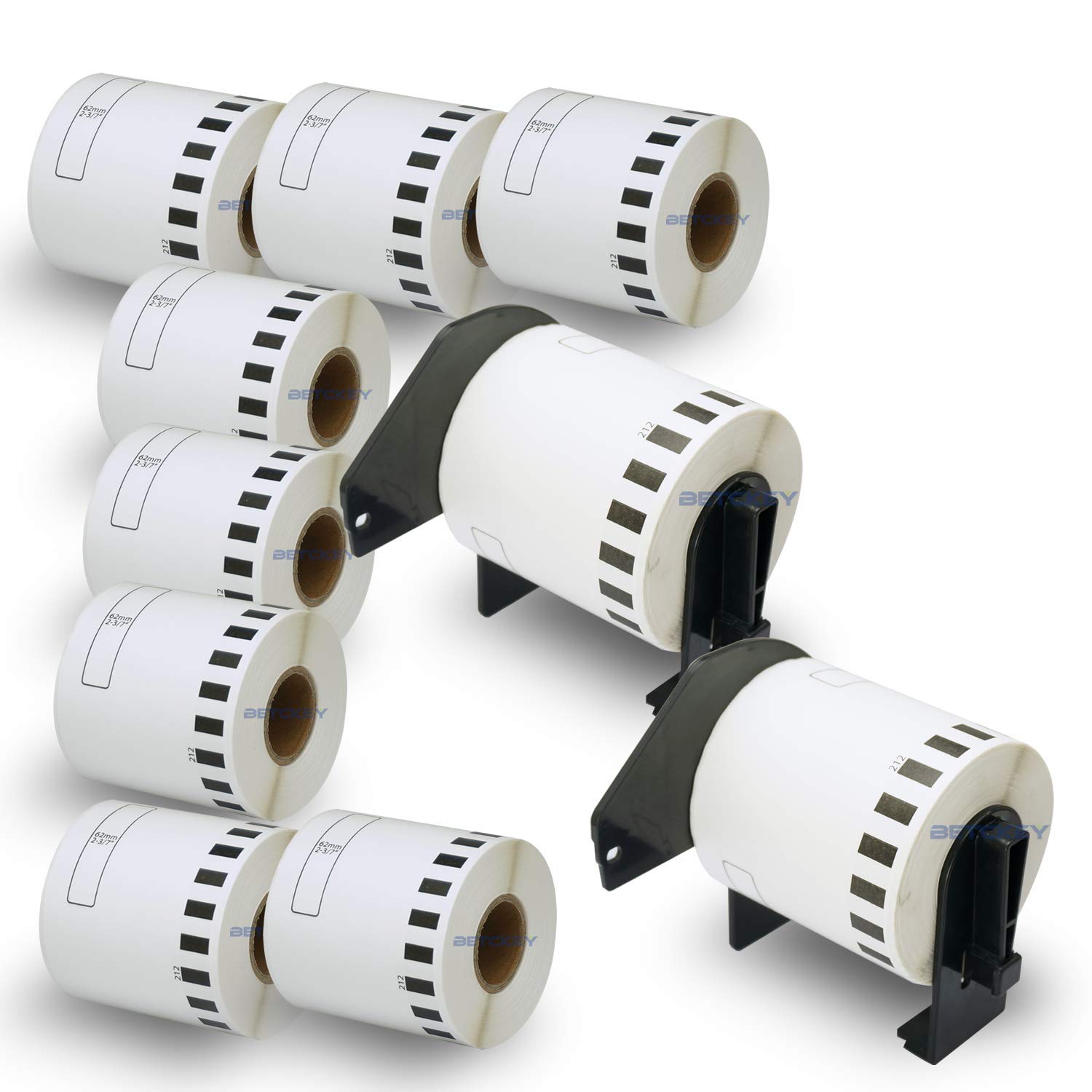 BETCKEY - 10 Rolls DK-22212 Labels with ONLY 2 Reusable Label Holders, 62mm x 15.24m, 10 Continuous Length Film Labels Using for Ql Label Printers