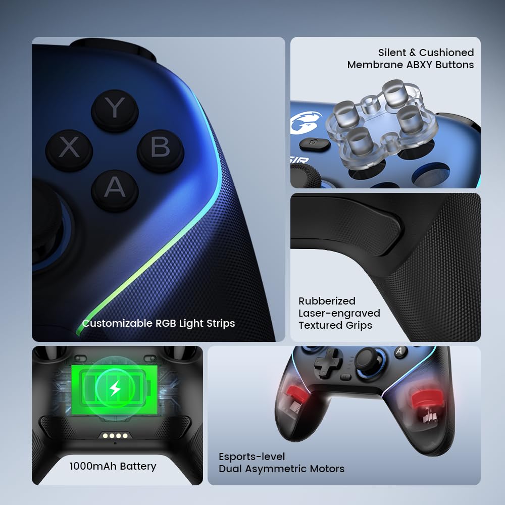 GameSir Super Nova Wireless Gaming Controller for PC/Switch/Switch 2/iOS/Android, 1000Hz Polling Rate, Hall Effect Stick & Trigger, Rubberized Grips, RGB Lighting, 1000mAh - Blue