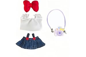 ANPILAR Doll Clothes Outfits, 4-Pieces 17cm Doll Clothing Set Accessories Decoration Denim Costume, Classic Denim Skirt, White Shirt, Red Bow, Small Camera(No Doll Only Clothes) (Blue Denim skirt-01)