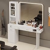 HolaiNail Salon Station for Hair Styling, Barber Desk Salon Cabinet (White) | 3 Hair Dryer Holders, Drawers &amp; Shelves, Salon Furniture Beauty Spa Storage Equipment, Wall Mount without Mirror
