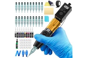 Neebol Wireless Tattoo Gun Kit, 1450mAh Battery with Ring Switch Design, Rotary Tattoo Pen, 20 Cartridge Needles, Complete Tattoo Gun Kit for Beginners and Professionals, Cordless Machine, Golden
