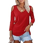 Amoretu Women's Short Sleeve Shirts Cold Shoulder Tops V Neck Blouse Tunic Shirts