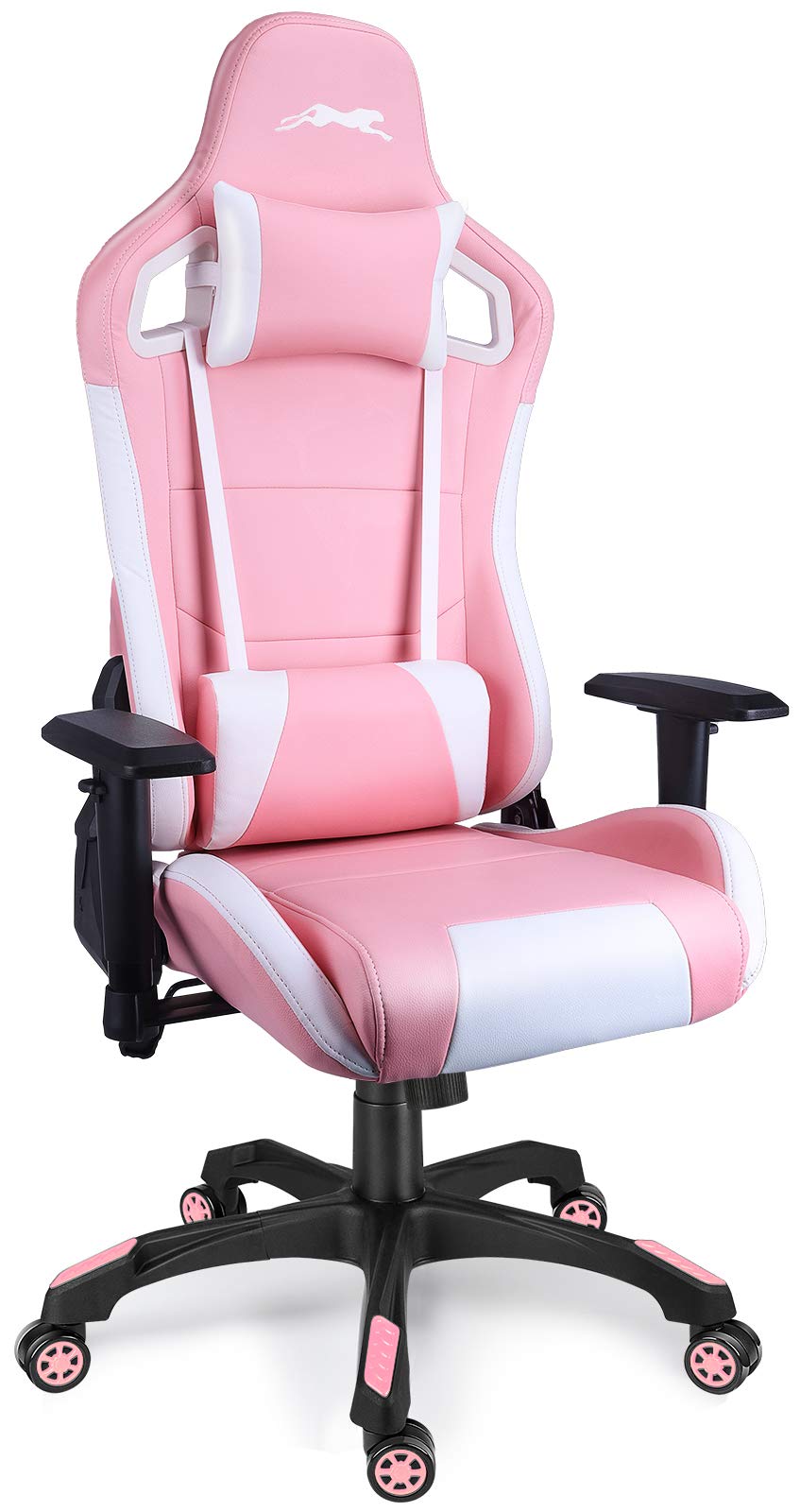 Silla para videojuegos Leopard, silla de oficina de piel sintética con respaldo alto, sillas ajustables para videojuegos, silla giratoria de carreras con reposabrazos ajustable (blanco/rosa)