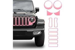 SQQP Front Grill Insert+Headlight Turn Light Cover Compatible with 2024-2025 Jeep Wrangler JL JLU & Gladiator JT Exterior Accessories,Not Fit for JL Sport & Sports (Pink)
