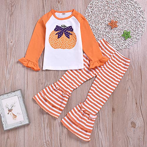 Baby-Girls 2 Piece Pumpkin Long Sleeve Tops Striped Bell-Bottoms Halloween Set Outfit (Orange, 3-4 Years)