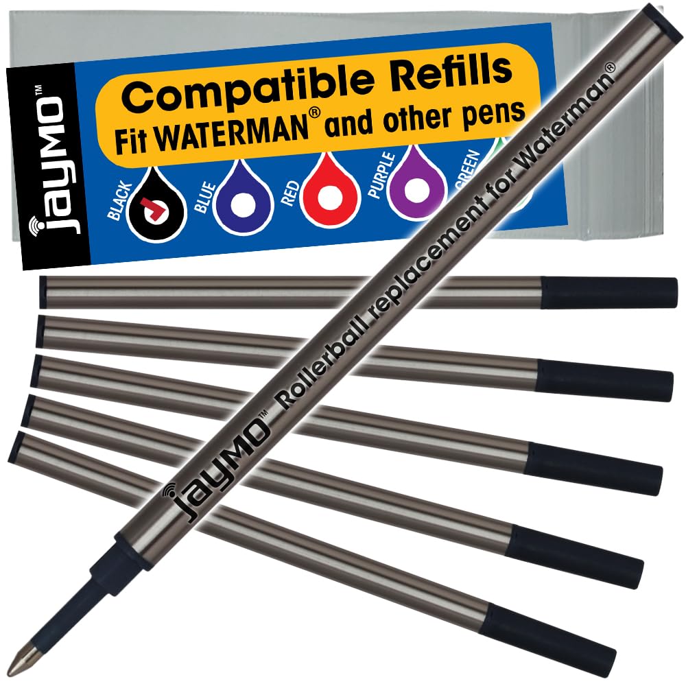 Jaymo Replacement for Waterman 540951 - Measures 4.3 in / 109 mm Long - Rollerball Pen Refill - 6 Black