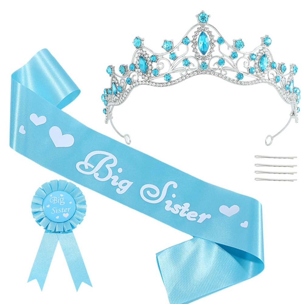 Big Sister Accessory Set,Badge Pin Big Sister to Be Accessory Set Pink Metal Rhinestone Crown Announcement Party 7Pcs Glitter Cute Sibling Gift (Blue)