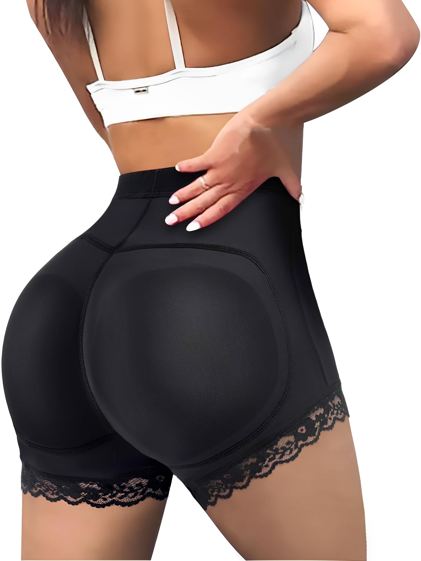 Photo 1 of LODAY Womens Butt Lifter Padded Lace Panties Seamless Hip Enahncer Body Shaper Boyshort Underwear (BLACK, L)